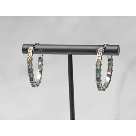 Unknown Jewelry - Silver Hoop Earrings with Various Color Rhinestones Inset E52